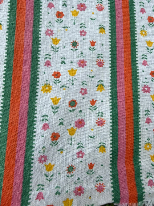 Antique Authentic Feed Sack Material Orange/Pink/Green Stripe & Flowers