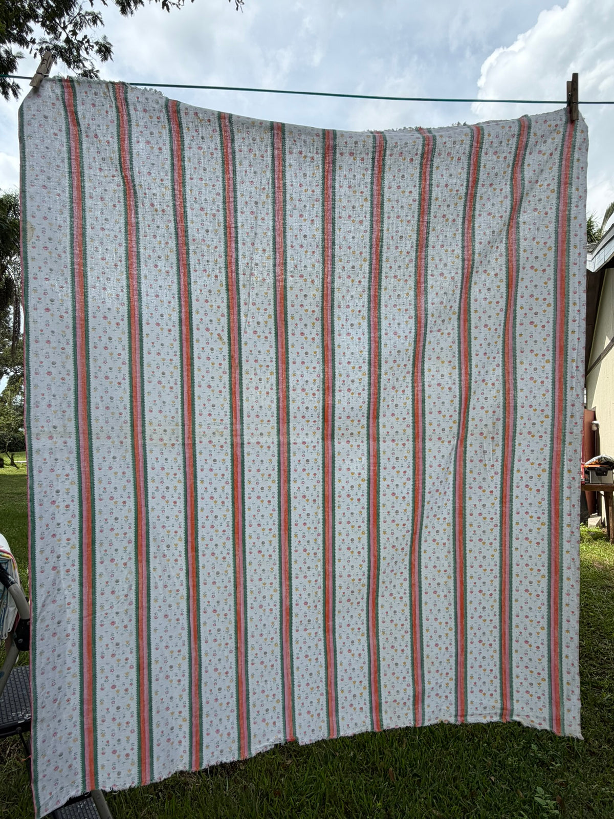 Antique Authentic Feed Sack Material Orange/Pink/Green Stripe & Flowers