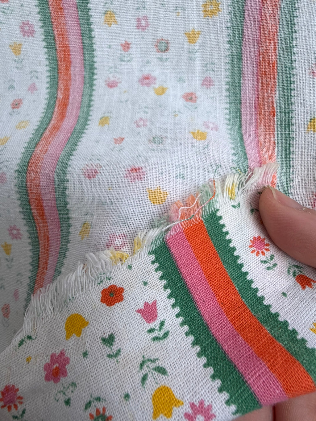 Antique Authentic Feed Sack Material Orange/Pink/Green Stripe & Flowers