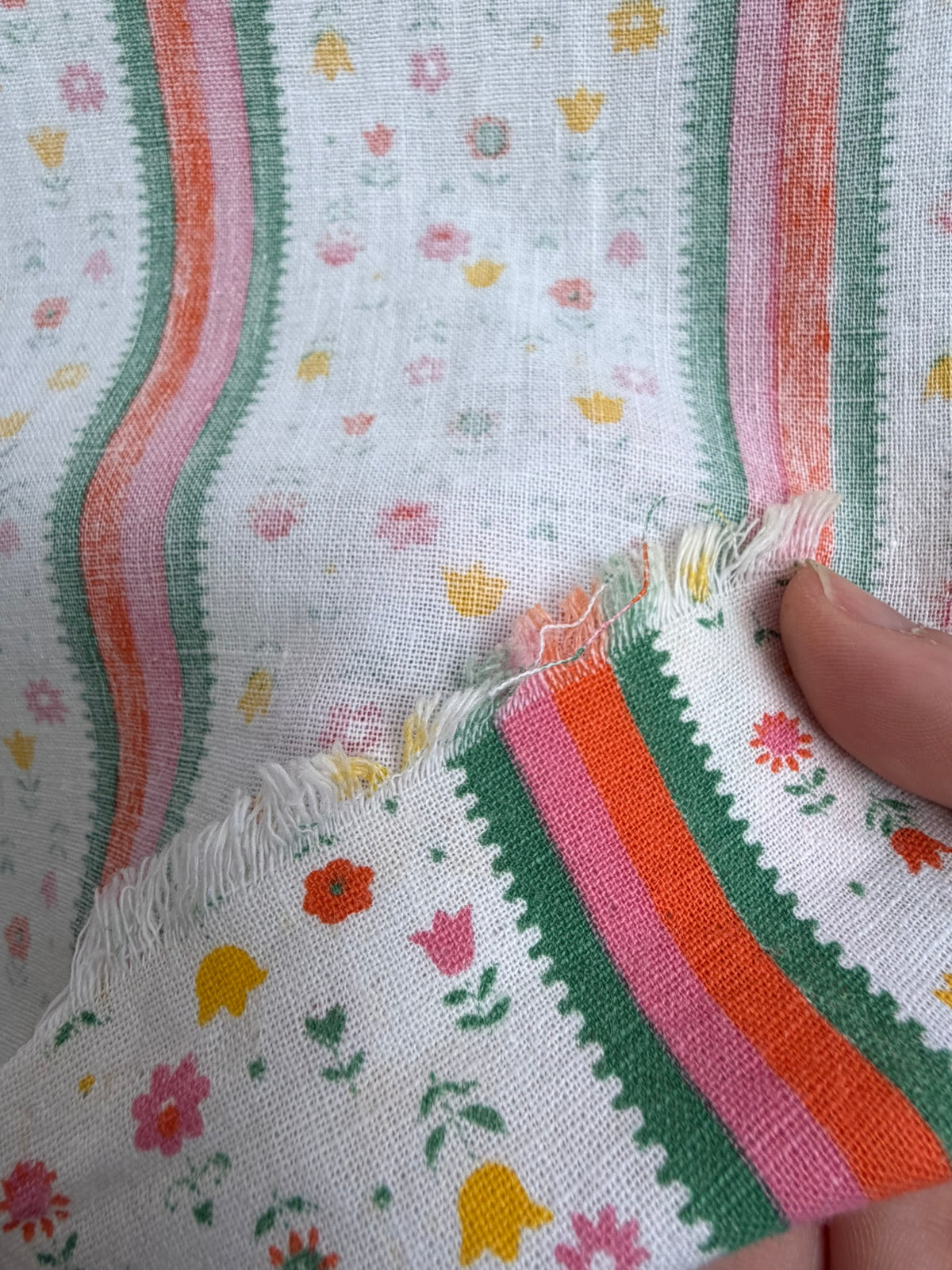 Antique Authentic Feed Sack Material Orange/Pink/Green Stripe & Flowers