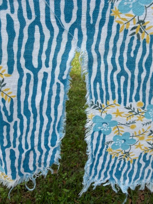 Antique Authentic Feed Sack Material: Blue Flowers & Stripes