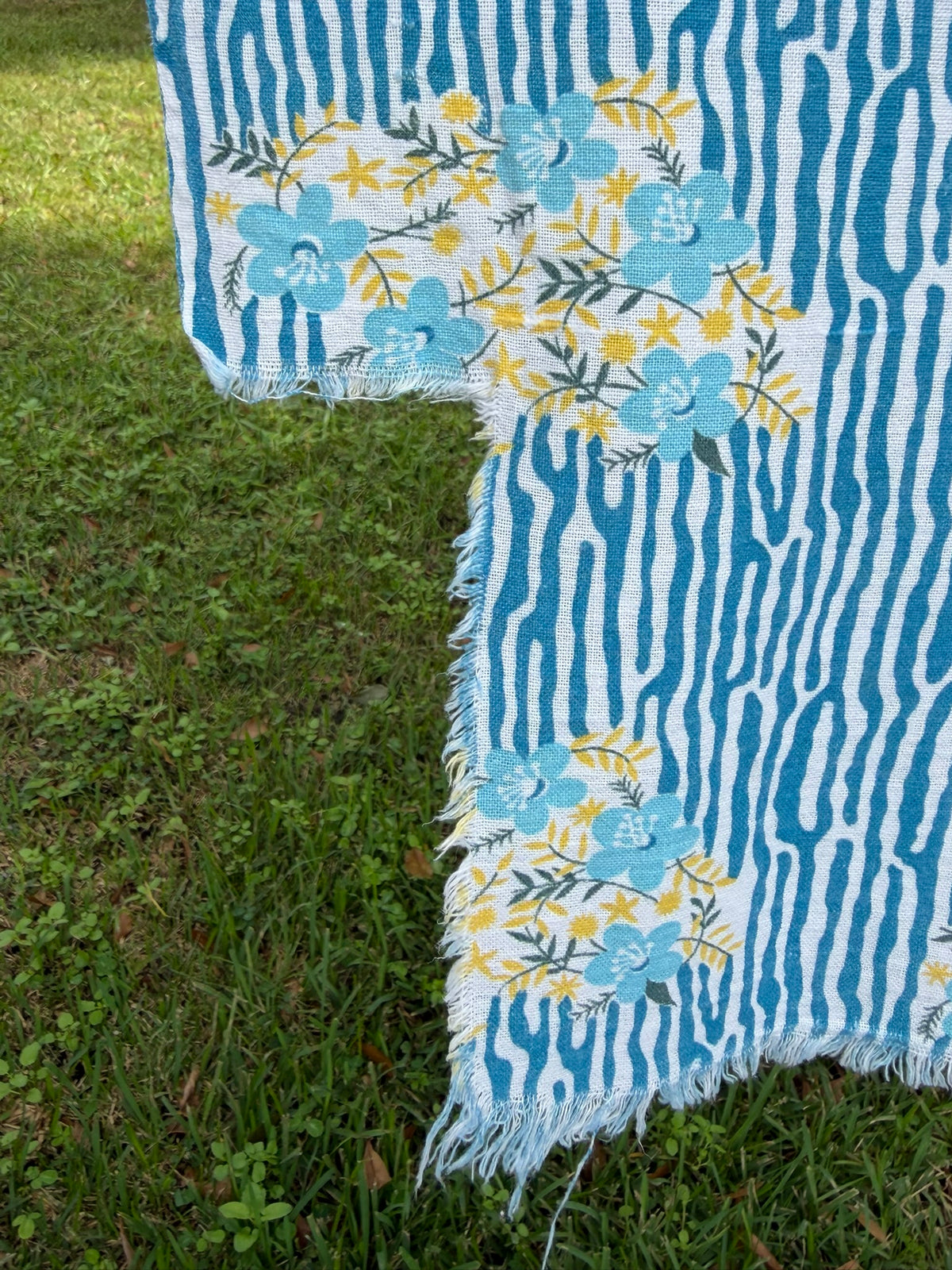 Antique Authentic Feed Sack Material: Blue Flowers & Stripes